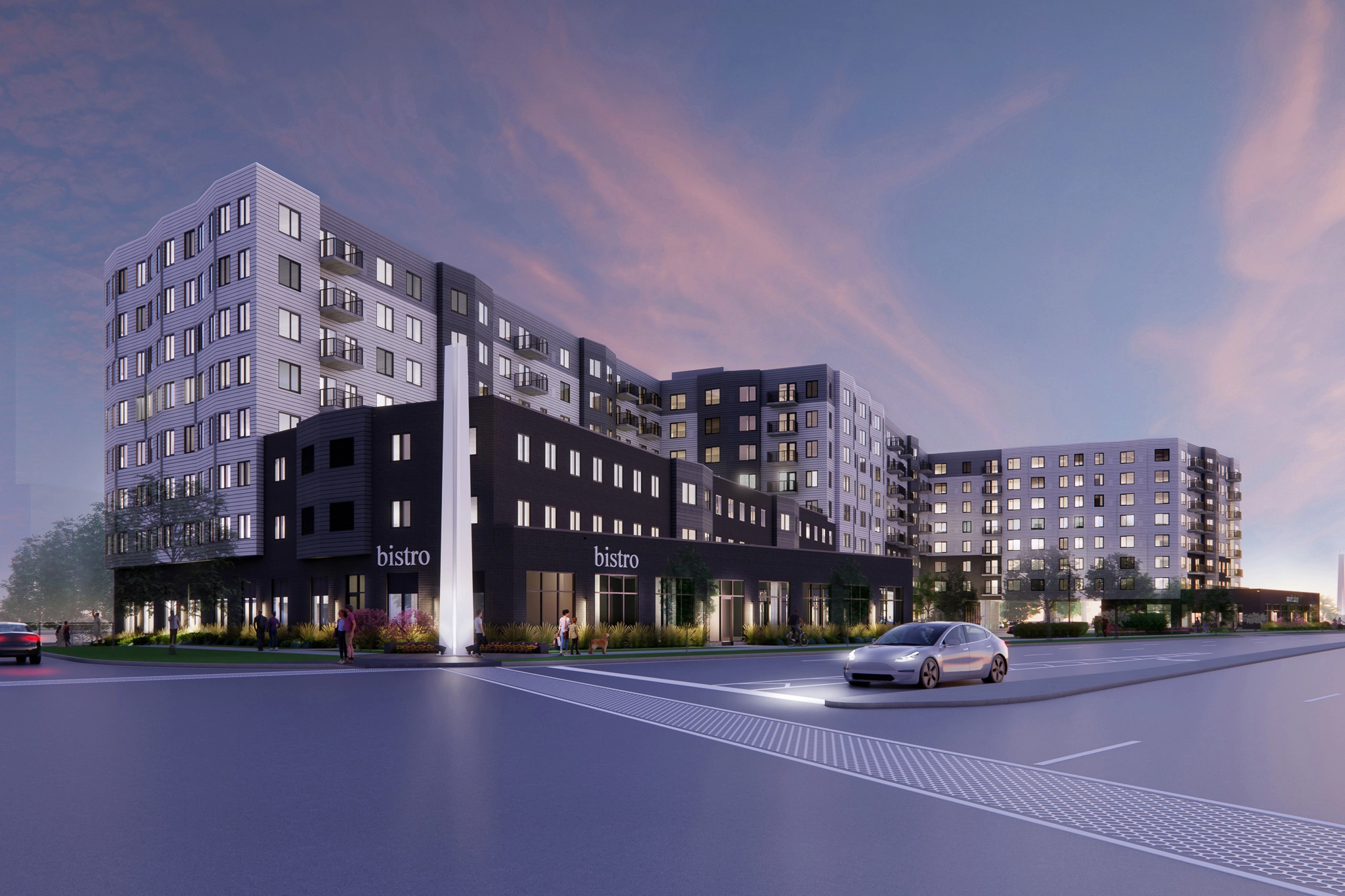 Rendering of Bradford Allen's mixed-use development in Arlington Heights at dusk.