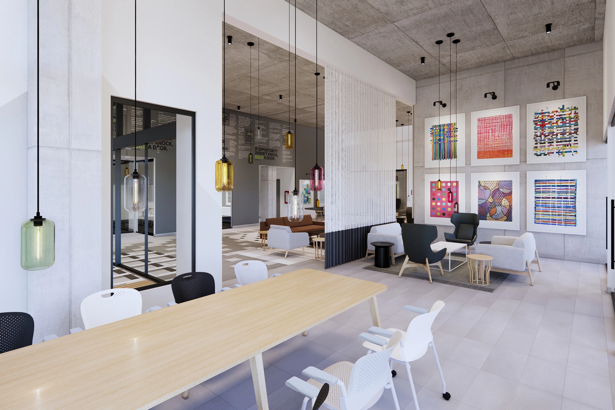 Rendering of interior lobby of multifamily development at Arlington Heights.